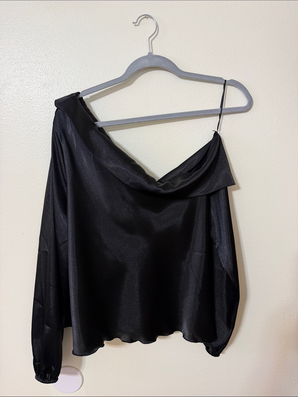 Black Satin One-Shoulder Blouse - Elegant Draped Neck